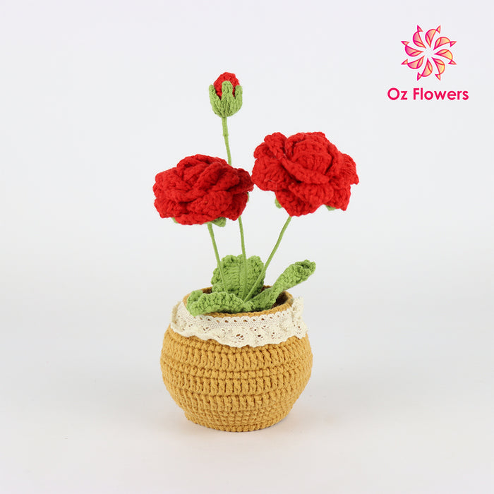 Crochet 2 Red Roses And A Bud In 10cm Pot