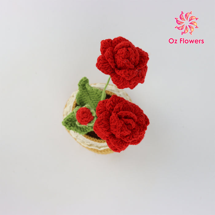 Crochet 2 Red Roses And A Bud In 10cm Pot