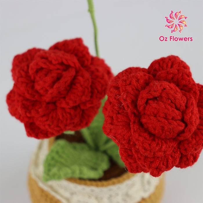 Crochet 2 Red Roses And A Bud In 10cm Pot