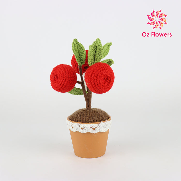 Crochet 3 Red Cherries In 7cm Plastic Pot