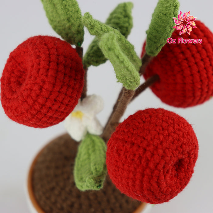 Crochet 3 Red Cherries In 7cm Plastic Pot