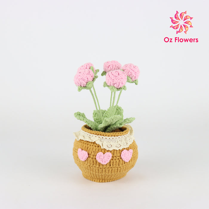 Crochet 5 Pink Roses In 10cm Pot