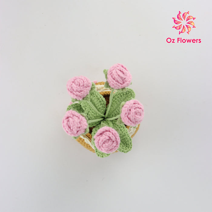 Crochet 5 Pink Roses In 10cm Pot