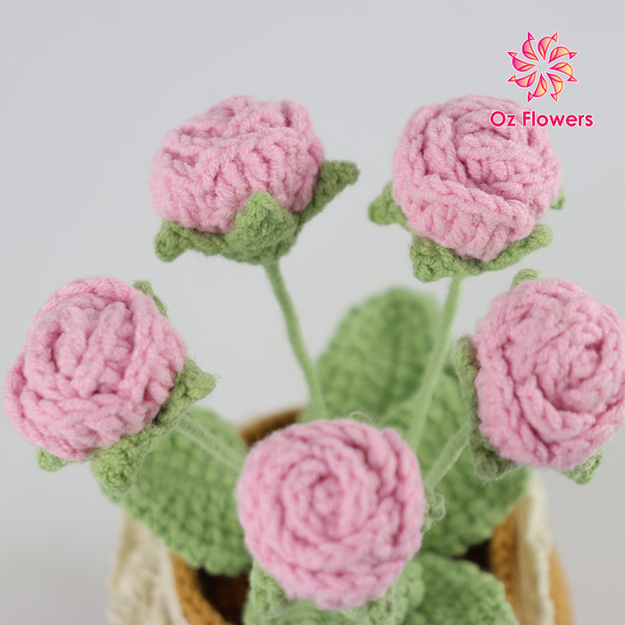 Crochet 5 Pink Roses In 10cm Pot