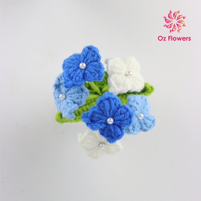 Crochet 6 Blue And White Flowers In 5cm White Plastic Pot