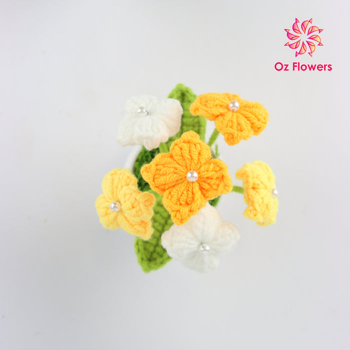 Crochet 6 Orange Yellow And White Flowers In 5cm White Plastic Pot