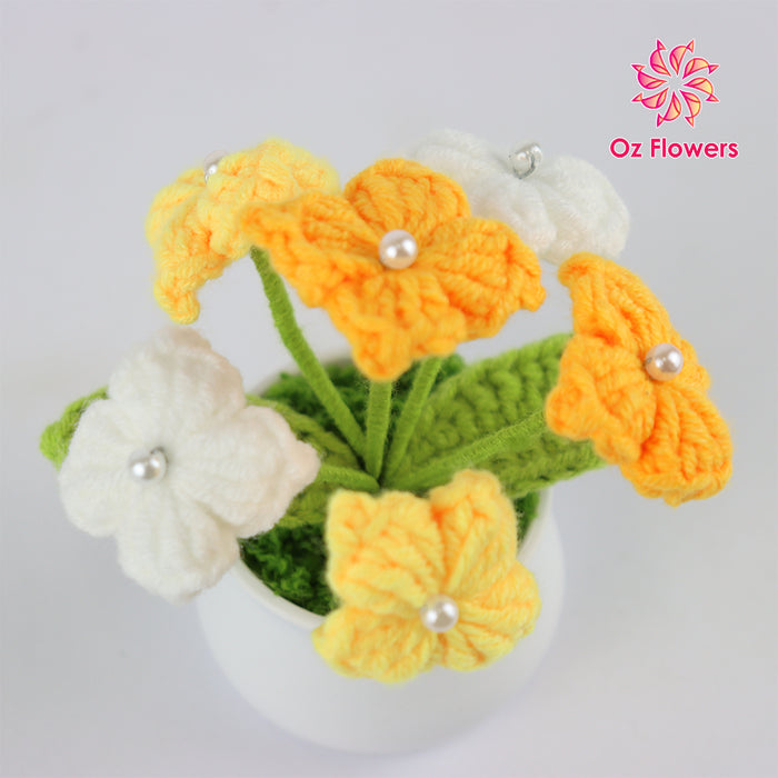 Crochet 6 Orange Yellow And White Flowers In 5cm White Plastic Pot