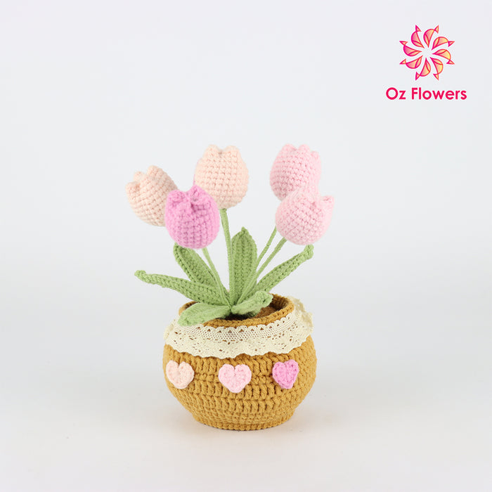 Crochet 6 Pink Tulips In 10cm Pot