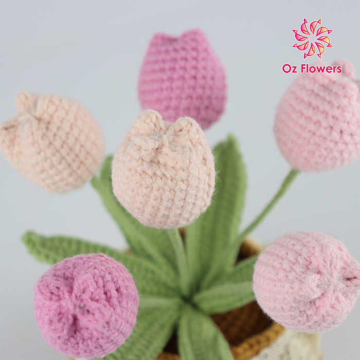 Crochet 6 Pink Tulips In 10cm Pot