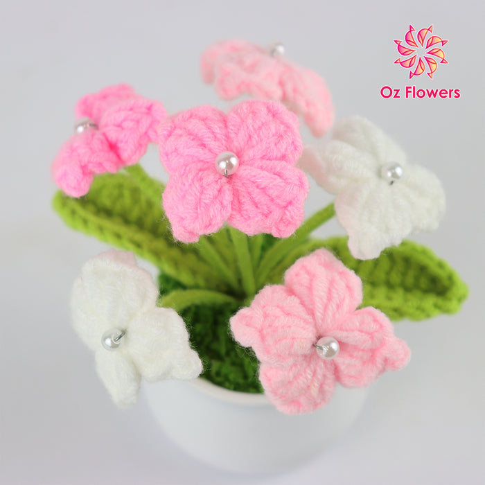 Crochet 6 Pink And White Flowers In 5cm White Plastic Pot