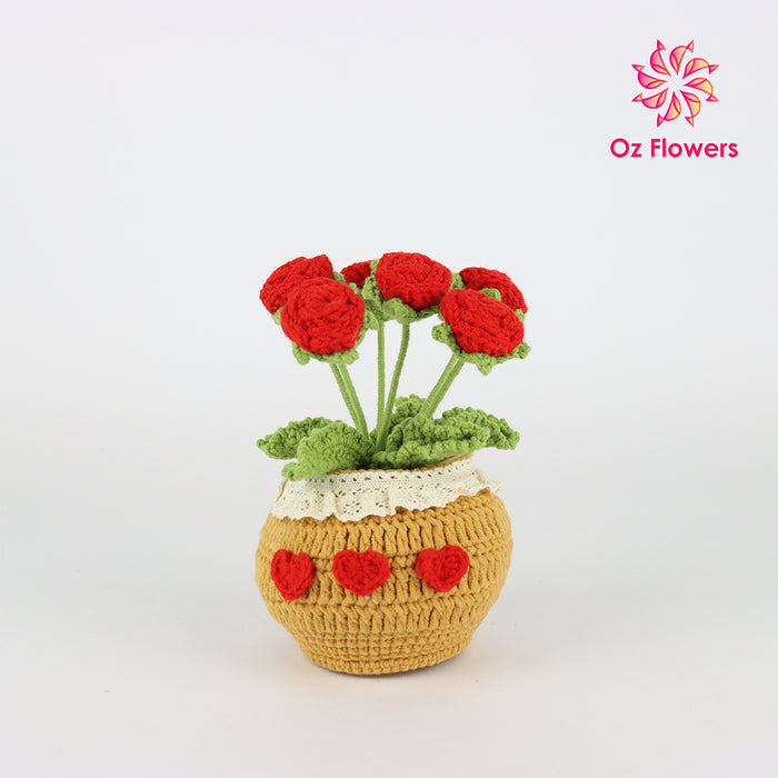 Crochet 6 Red Roses In 10cm Pot