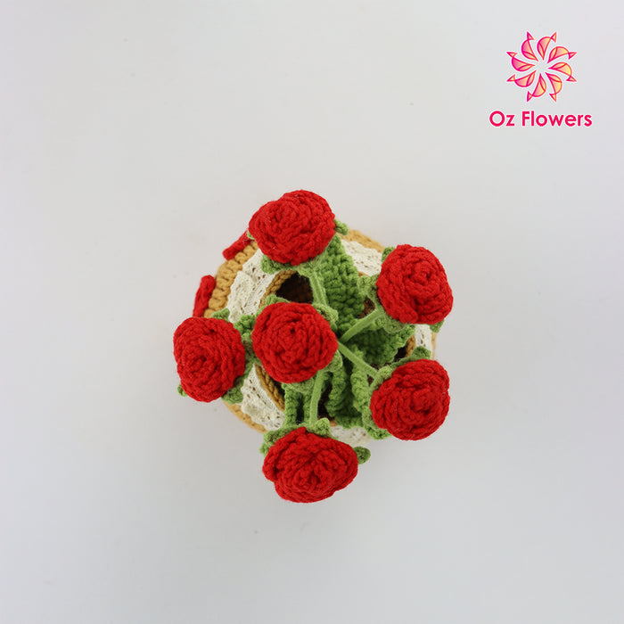 Crochet 6 Red Roses In 10cm Pot