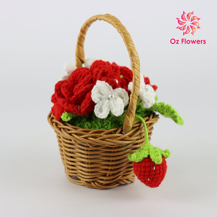 Crochet Strawberry and Roses Flowers In 9cm Basket