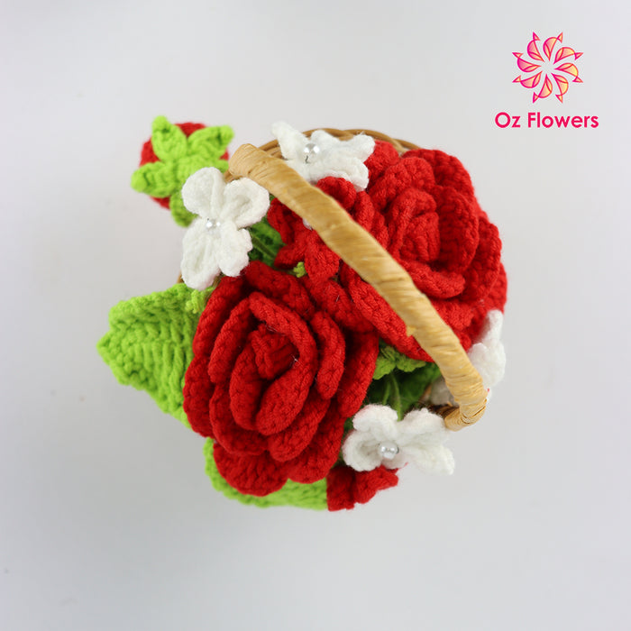 Crochet Strawberry and Roses Flowers In 9cm Basket