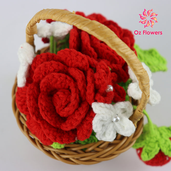 Crochet Strawberry and Roses Flowers In 9cm Basket